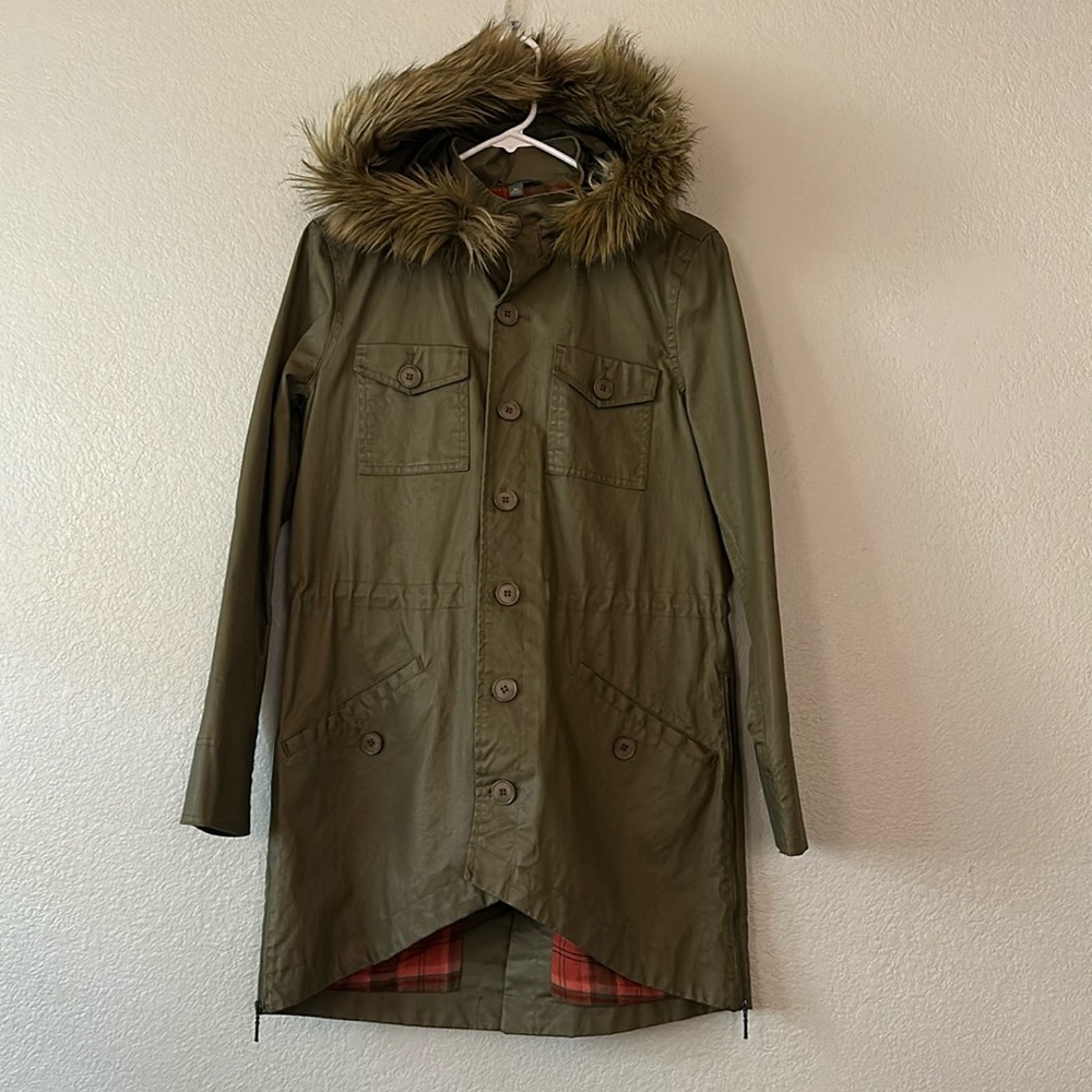 LL Bean Waxed Trench Coat Green Fur Hood XS